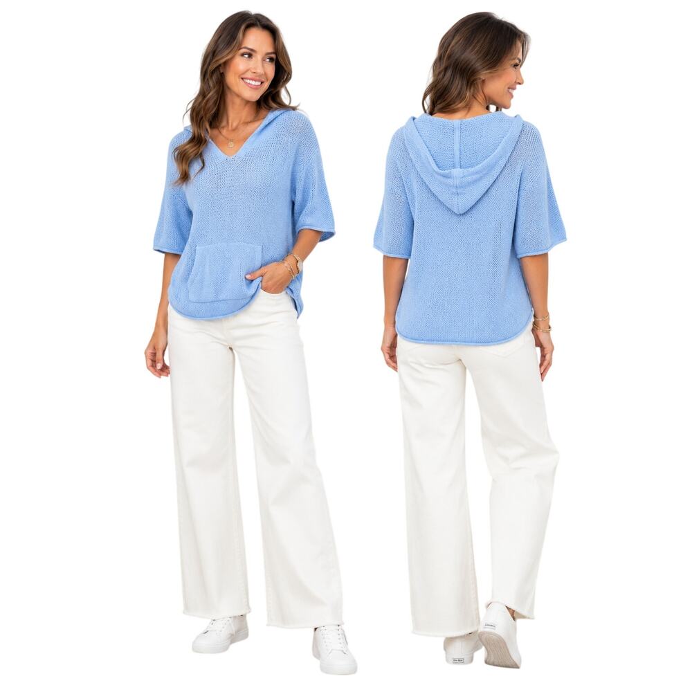 J. Jill Women's Petite L Blue Hooded Knit Sweater Short Sleeve Pullover